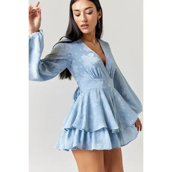 Mi Ami Women's XS Blue Floral Long Sleeve Romper V-Neck - Picture 2 of 7